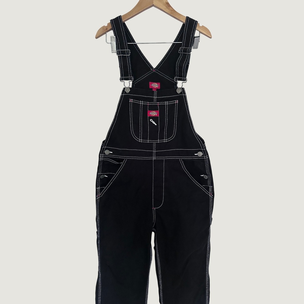 Dickies Womens Black Denim Overalls SZ Small White Contrast Stitch Carpenter